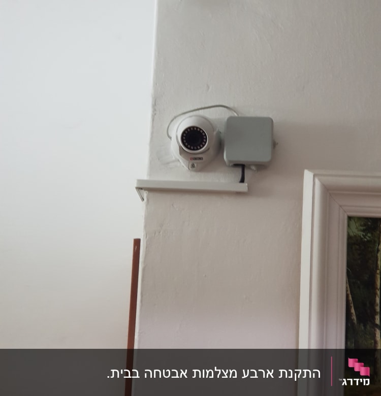 מצלמת אבטחה מותקנת על קיר לבן עם כבלים